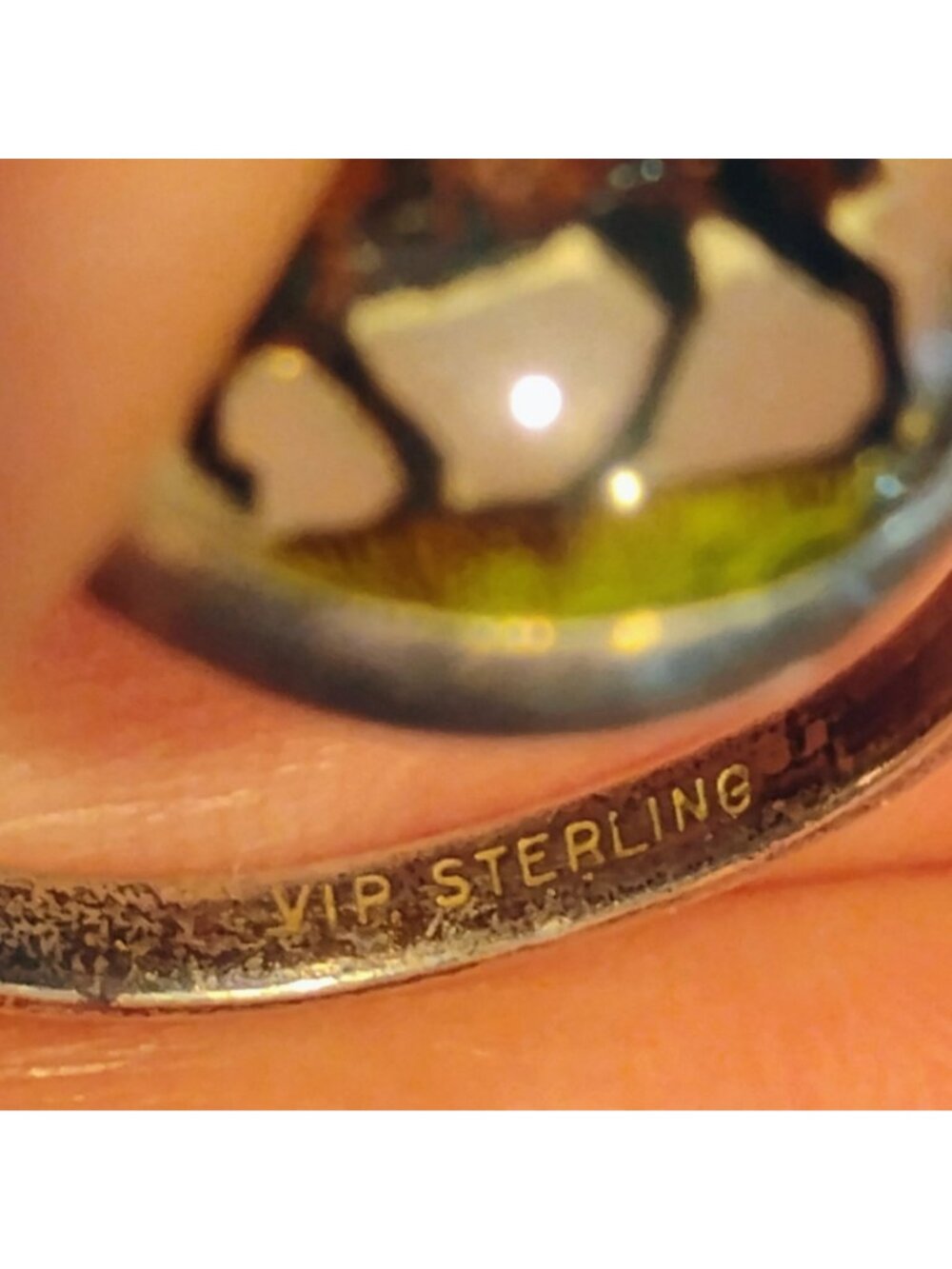 Vtg Sterling Silver Reverse Painted Essex Glass Horse Jockey Ring Adjustable - Picture 3 of 6